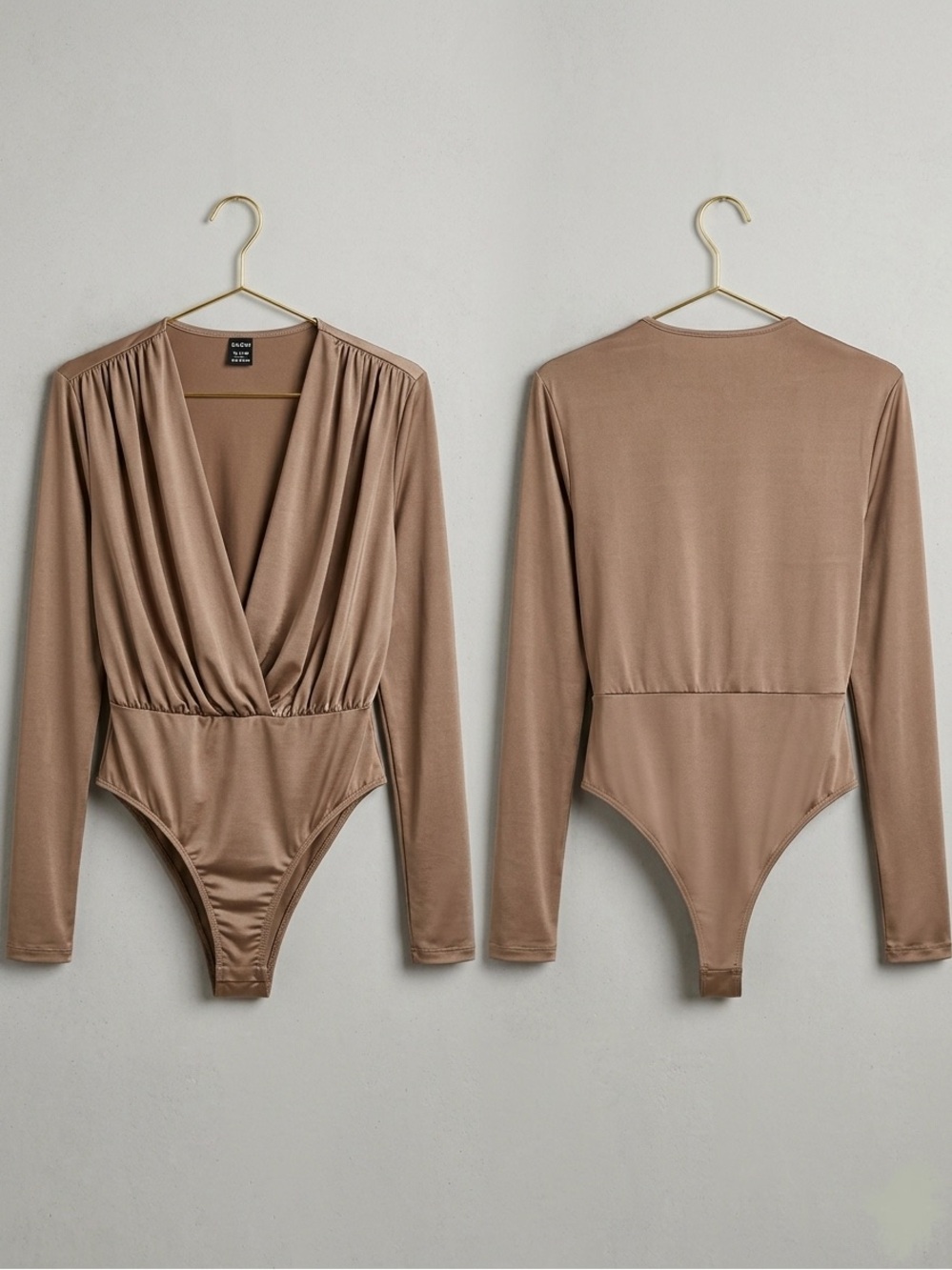 Women's Long-Sleeve Wrap Bodysuit in Taupe